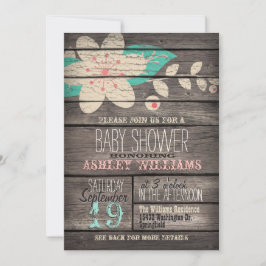 Turquoise & Roze Bloem, Rustiek Hout Baby shower Kaart