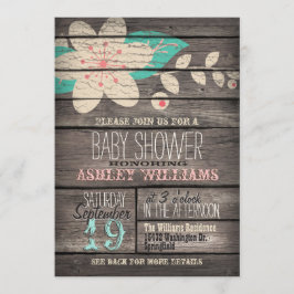 Turquoise & Roze Bloem, Rustiek Hout Baby shower Kaart