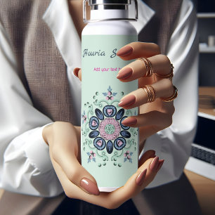 Turquoise & Roze Bloemen Mandala Doodle Waterfles