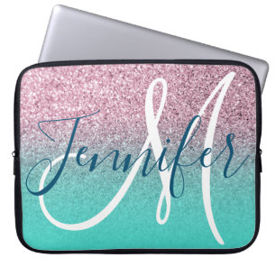 Turquoise Roze Glitter Ombre Meisjesachtige Monogr Laptop Sleeve