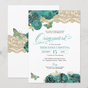 Turquoise Rozen en Lace Butterfly Quinceañera Inv Kaart