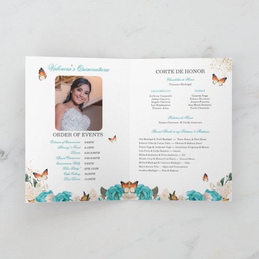Turquoise Rozen Gold Tiara Butterfly Quinceanera Programma (Binnen)