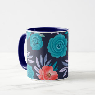 Turquoise Rozen & Koraalbloemen met pastelbladeren Mok