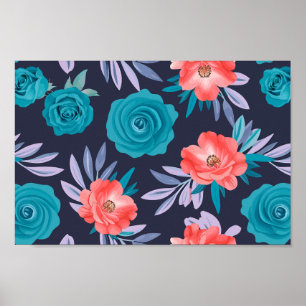 Turquoise Rozen & Koraalbloemen met pastelbladeren Poster