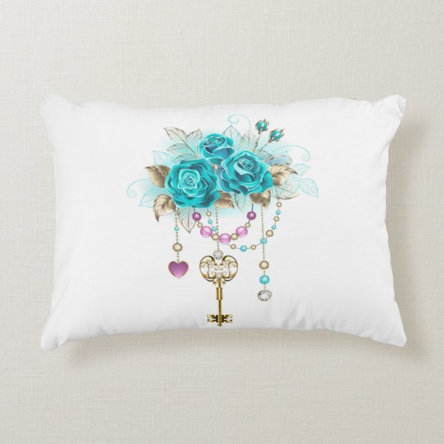 Turquoise-Rozen met Keys Accent Kussen (Voorkant)