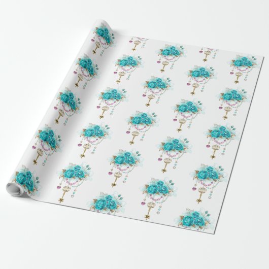 Turquoise-Rozen met Keys Cadeaupapier (Uitgerold)