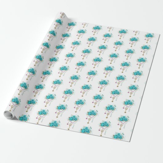 Turquoise-Rozen met Keys Cadeaupapier (Uitgerold)