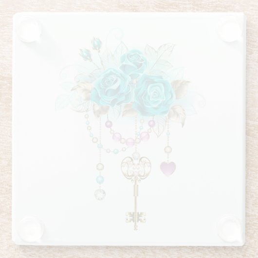 Turquoise-Rozen met Keys Glazen Onderzetter (Achterkant)