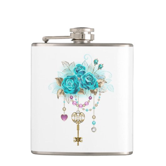 Turquoise-Rozen met Keys Heupfles (Voorkant)