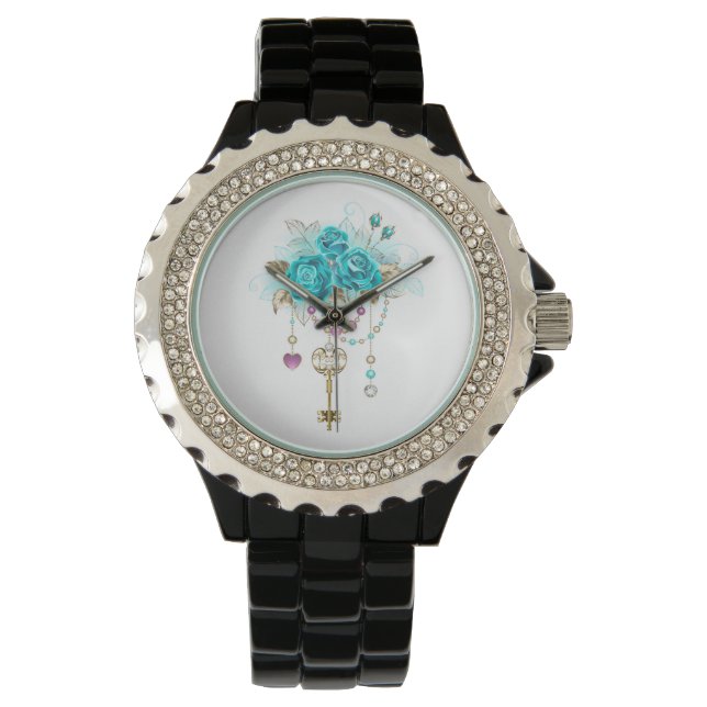 Turquoise-Rozen met Keys Horloge (Voorkant)