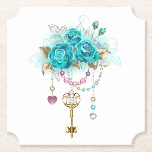 Turquoise-Rozen met Keys Kartonnen Onderzetters