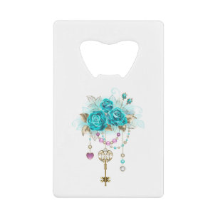 Turquoise-Rozen met Keys Kredietkaart Flessenopener