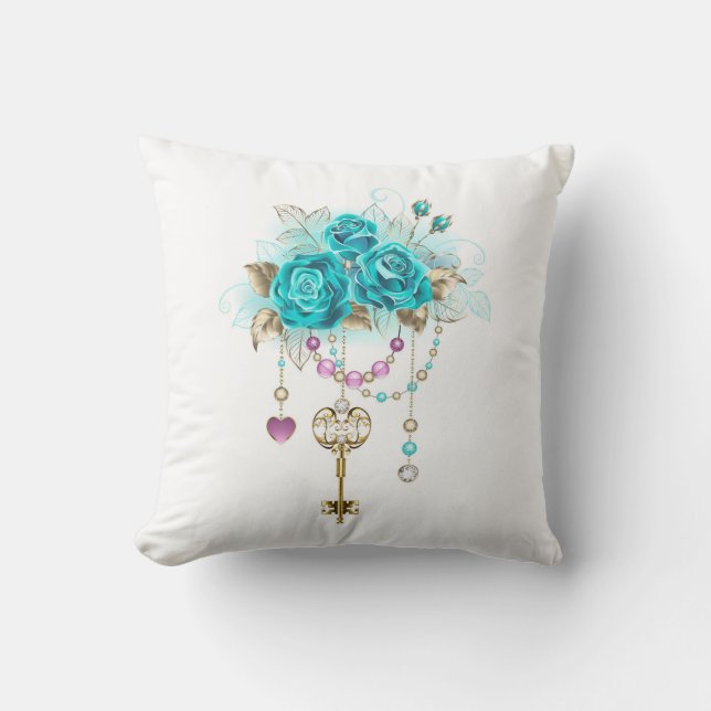 Turquoise-Rozen met Keys Kussen (Voorkant)