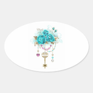 Turquoise-Rozen met Keys Ovale Sticker