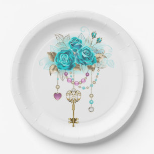 Turquoise-Rozen met Keys Papieren Bordje