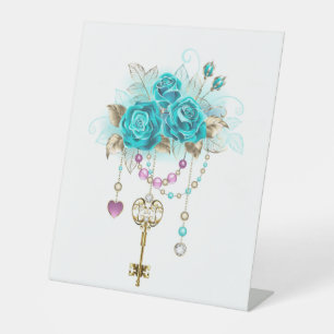 Turquoise-Rozen met Keys Reclamebord Met Voetstuk