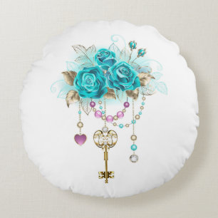 Turquoise-Rozen met Keys Rond Kussen