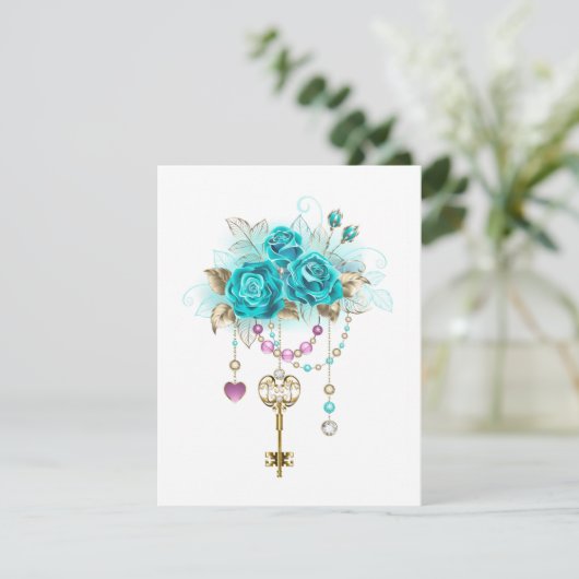 Turquoise-Rozen met Keys Save The Date (Staand voorkant)