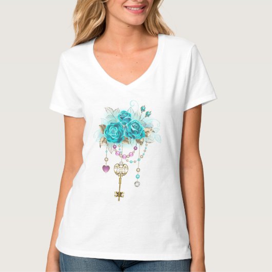 Turquoise-Rozen met Keys T-shirt (Voorkant)
