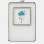 Turquoise-Rozen met Keys Verzilverd Kader Ornament (Voorkant)