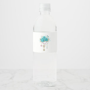Turquoise-Rozen met Keys Waterfles Etiket