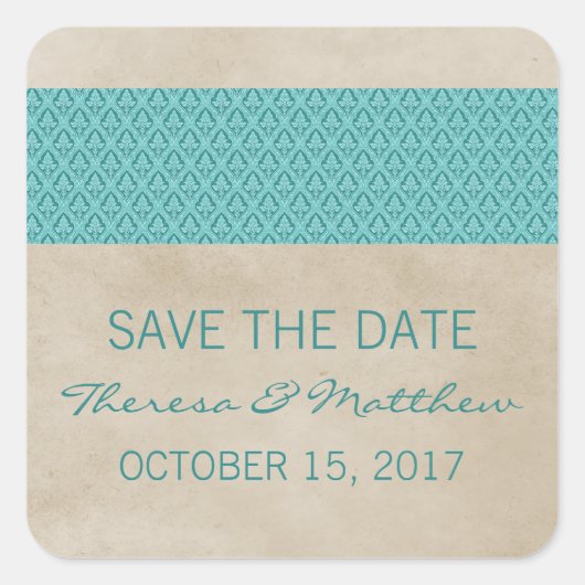 Turquoise Rustic Damask Enregistrer Stickers Date (Devant)