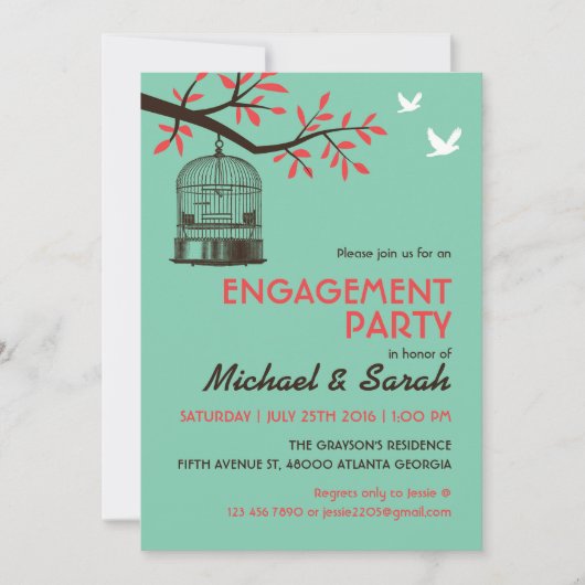 Turquoise Rustic Engagement Party Invitation Bird Kaart (Voorkant)
