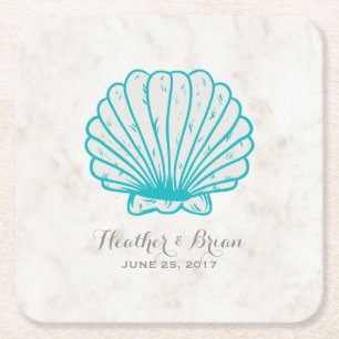 Turquoise Rustic Seashell Wedding Vierkante Kartonnen Onderzetter
