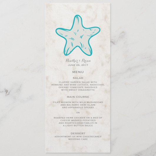 Turquoise Rustic Starfish Menu Mariage (Devant)