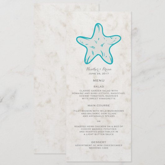 Turquoise Rustic Starfish Menu Mariage (Devant / Derrière)