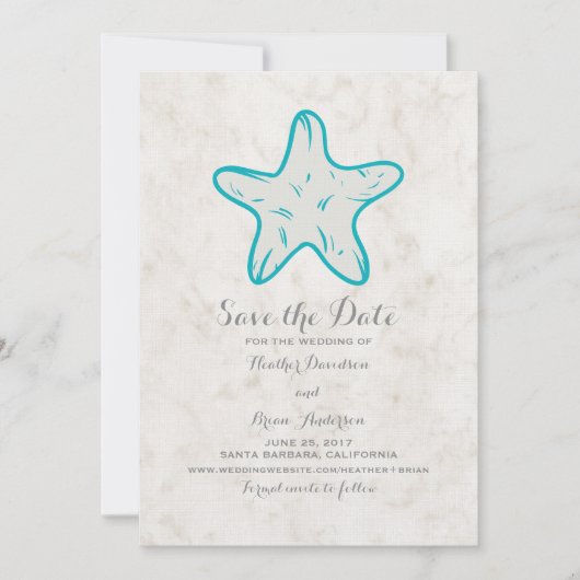 Turquoise Rustic Starfish Save the Date Invite (Voorkant)