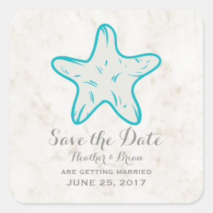 Turquoise Rustic Starfish Save the Date Vierkante Sticker