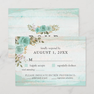 Turquoise Rustiek Hout Bloemen RSVP Kaart