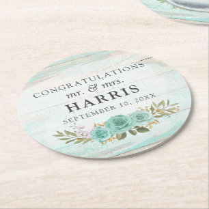  turquoise rustieke houten bloemenbruiloft Rozen Ronde Kartonnen Onderzetter