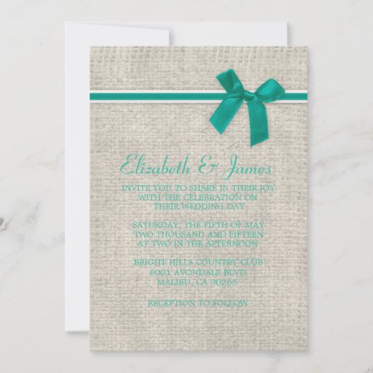 Turquoise Rustique Burlap Invitations de mariage (Devant)