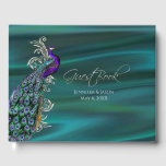 Turquoise Satin et Peacock Mariage Livre d'or<br><div class="desc">Elégant livre d'invités de mariage fait dans un look satiné turquoise. Un paon beau et coloré est assis sur un ton argenté fleuri,  sur le devant gauche,  du livre. Personnalisez le texte personnalisé pour votre journée spéciale. Des produits mariages correspondants sont disponibles.</div>