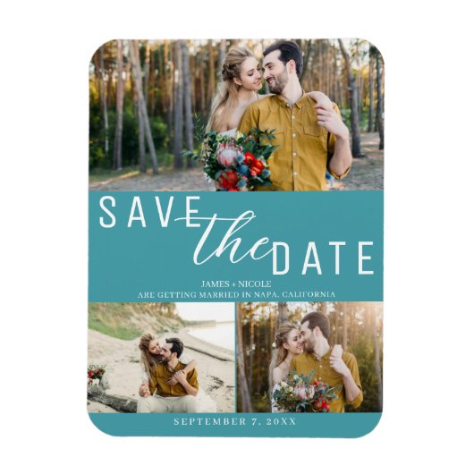 Turquoise Save the Date Wedding 3 Foto's Magneet (Verticaal)