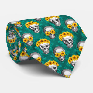 Turquoise Schedels en Zonnebloem Serie Design 10 Stropdas