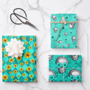 Turquoise Schedels en Zonnebloem Serie Design 2   Inpakpapier Vel