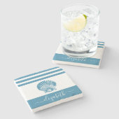 Turquoise  schelp strand huis scriptnaam stenen onderzetter (Zijkant)