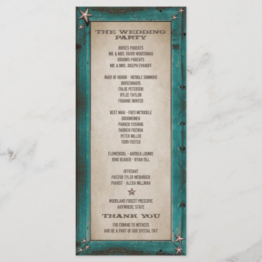 Turquoise Schuur Hout Sterren Westerne Trouwprogra Programma (Achterkant)