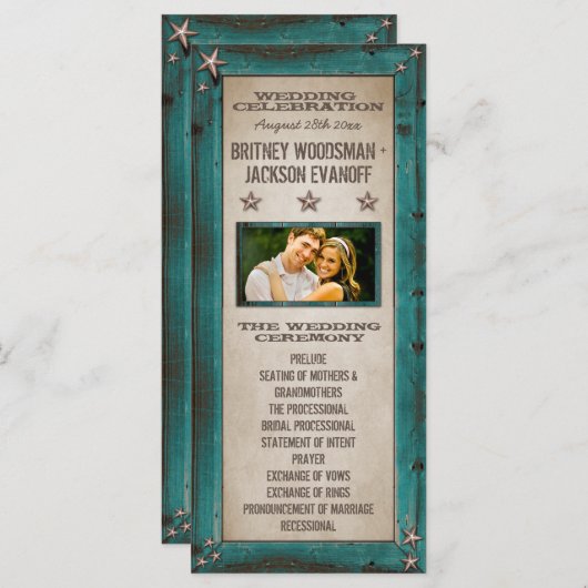Turquoise Schuur Hout Sterren Westerne Trouwprogra Programma (Voorkant / Achterkant)