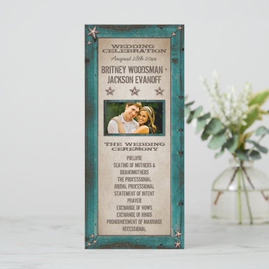 Turquoise Schuur Hout Sterren Westerne Trouwprogra Programma (Staand voorkant)
