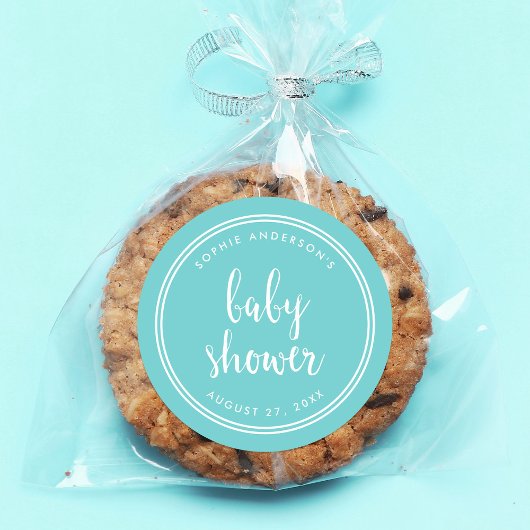 Turquoise Script en White Stripes Baby shower Ronde Sticker