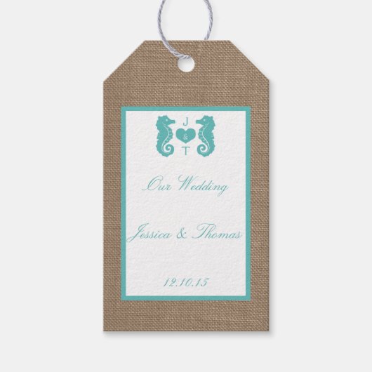 Turquoise Seahorse Burlap Beach Collectie Cadeaulabel (Voorkant)