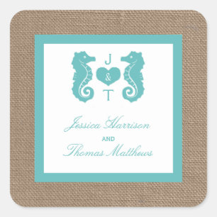 Turquoise Seahorse Burlap Beach Collectie Vierkante Sticker