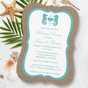 Turquoise Seahorse Burlap Beach repesal Dinner Kaart