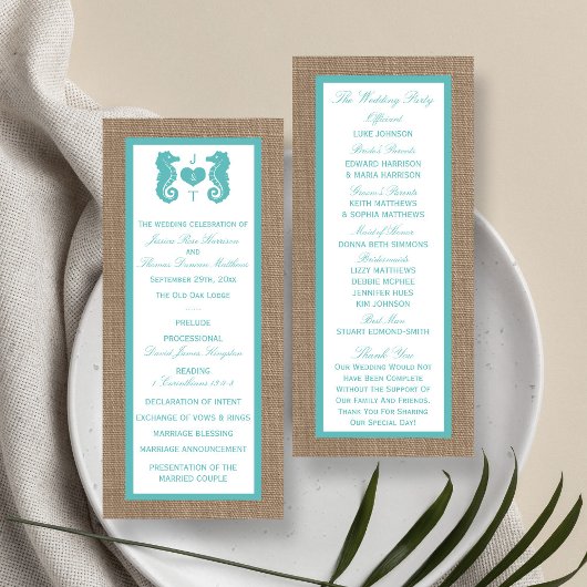 Turquoise Seahorse Burlap Beach Wedding Programme