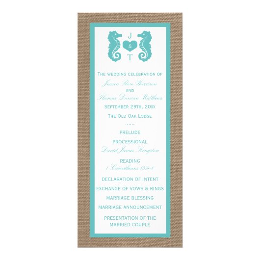 Turquoise Seahorse Burlap Beach Wedding Programme (Devant)