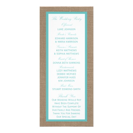 Turquoise Seahorse Burlap Beach Wedding Programme (Dos)